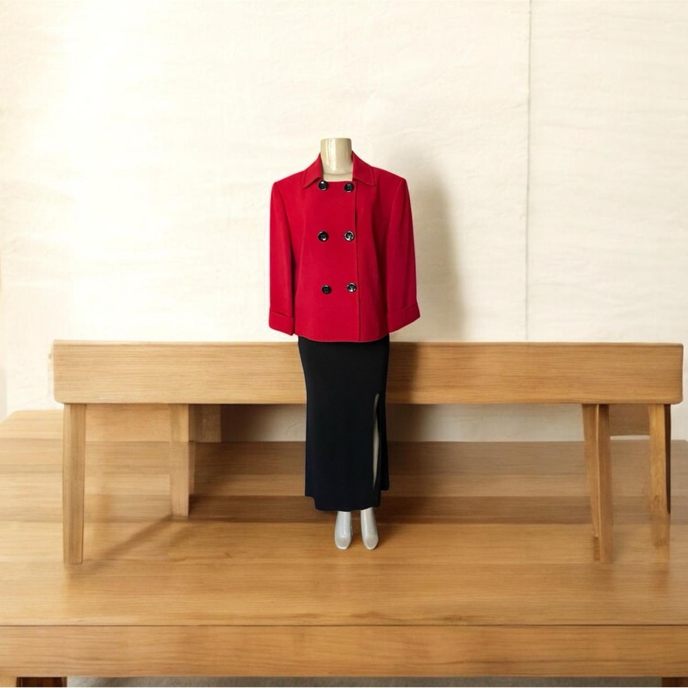 #0053- TAHRI  Arthur S. Levine 
Elegant Red Double-Breasted Pea Coat